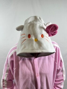 Women's Hello Kitty Full Body Jumper Size XL Pink Cuffed Hems Button Up Hooded